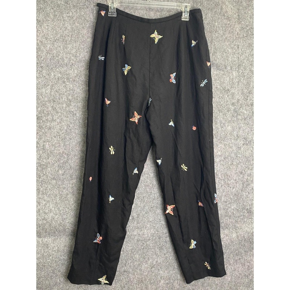 90s‎ Talbots Linen Black Pants Embroidered Butterfly Cottagecore Boho Size 12